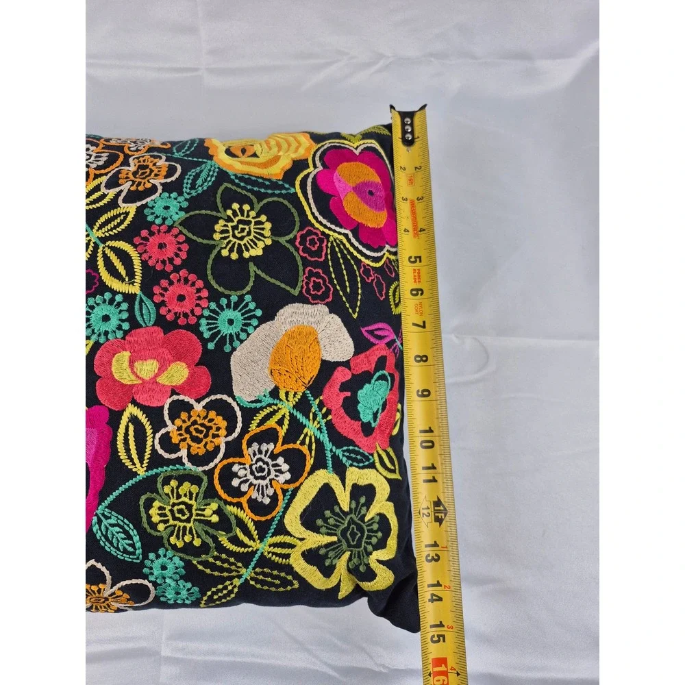 Nur Embroidered Floral Pillow Boho Black Multicolor India Throw‎ Cushion 16